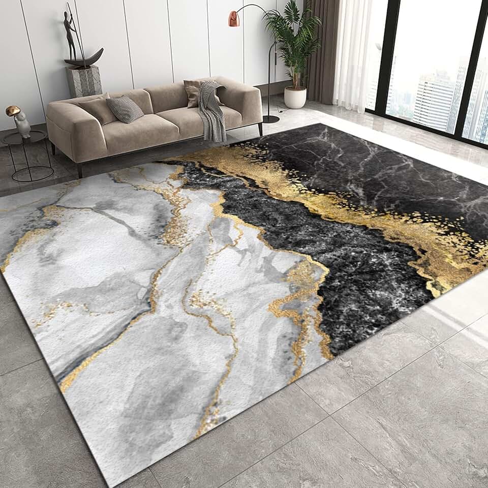 Large Area Rugs 8x10ft, Modern Art Black Gold Textured Bedroom Rug, Fashion Style Art Marble Indoor Large Living Room Carpet, Soft and Comfortable for Living Room Office Indoor Outdoor