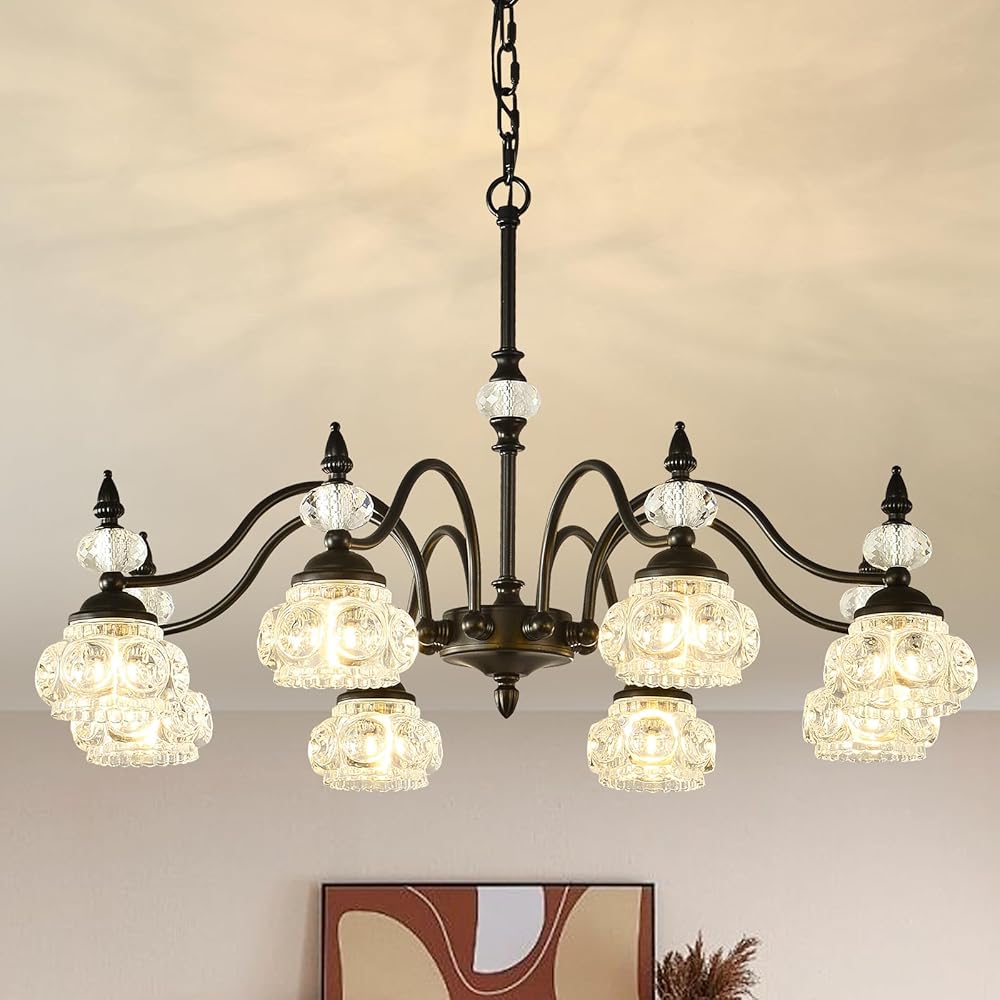 Vintage Black Crystal Chandelier for Dining Room, 8-Light Antique Victorian Chandelier Modern Farmhouse Hanging Light Fixtures for Kitchen Island Living Room Bedroom G9