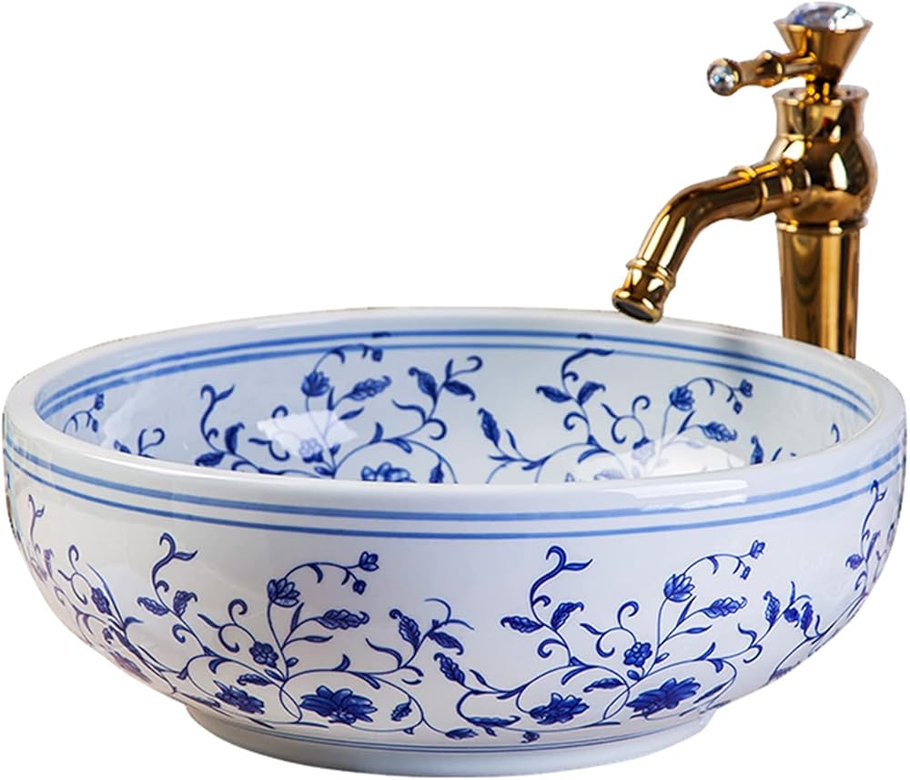 Ceramic Bathroom Bar Vanity Vessel Sinks White and Blue Above Counter Round Bowl Hand Painted Countertop Sink Art Basin Without Faucet Jingdezhen