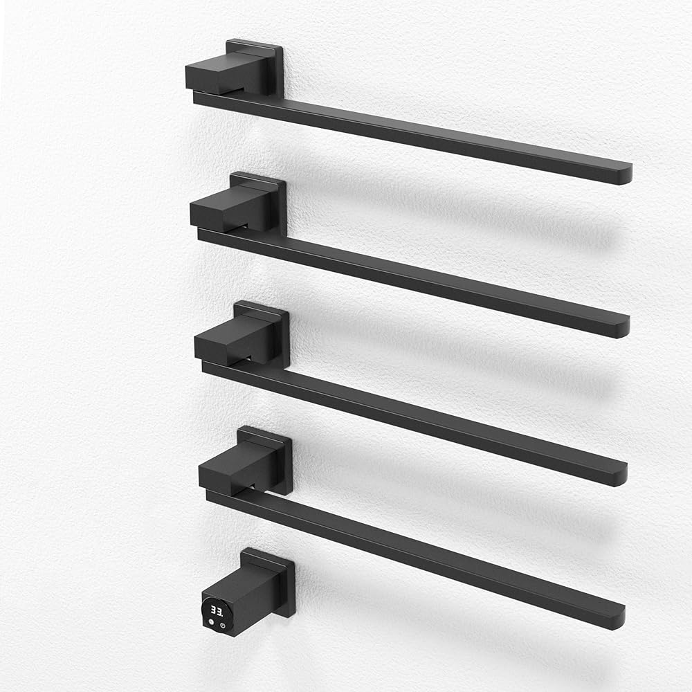 Bathroom Square Towel Warmer Concealed 4 Bars Heated 304 Stainless Steel Swing Towel Rack with 1-24 Hour Timer 113-140°F Adjustable Temperature,Wall Mounted Electric Drying Rack, Matte Black