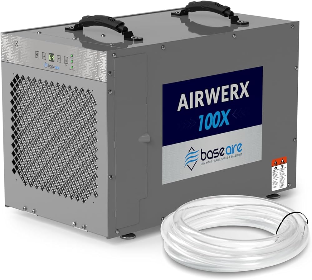 BASEAIRE 220 Pints Crawl Space Commercial Dehumidifier with Pump, AirWerx100X Whole Homes Dehumidifier for Basements, up to 2,900 sq. ft. 5 Years Warranty, cETL, Water Damage Storage