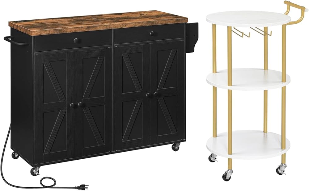 HOOBRO 43.3 Inch Kitchen Island with Charging Station and 3-Tier Round Bar Cart Bundle, for Kitchen Dining Room, Living Room, Parties BF11UZD01-WD31TC01