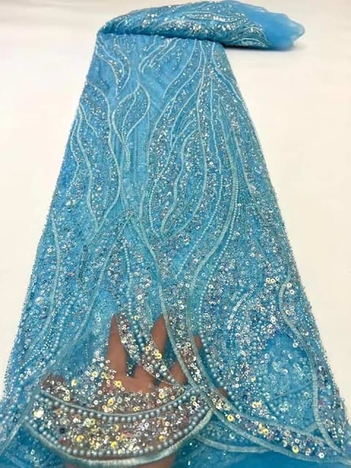 MARHAFABRIC 5 Yards Latest Gold French Tulle Luxury Beaded Net Lace Handmade Sequins Mesh Fabric Nigeria for Wedding Bride Dress Lace Fabric for Bridal Wedding Prom Evening Dress