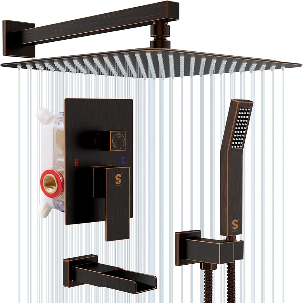 SR SUN RISE 16 Inches All Metal Bathtub Faucet Set Shower System with Tub Spout Square Rain Shower Head and Handheld Combo Shower Fixtues, Modern Valve and Trim Kit, Oil-Rubbed Bronze