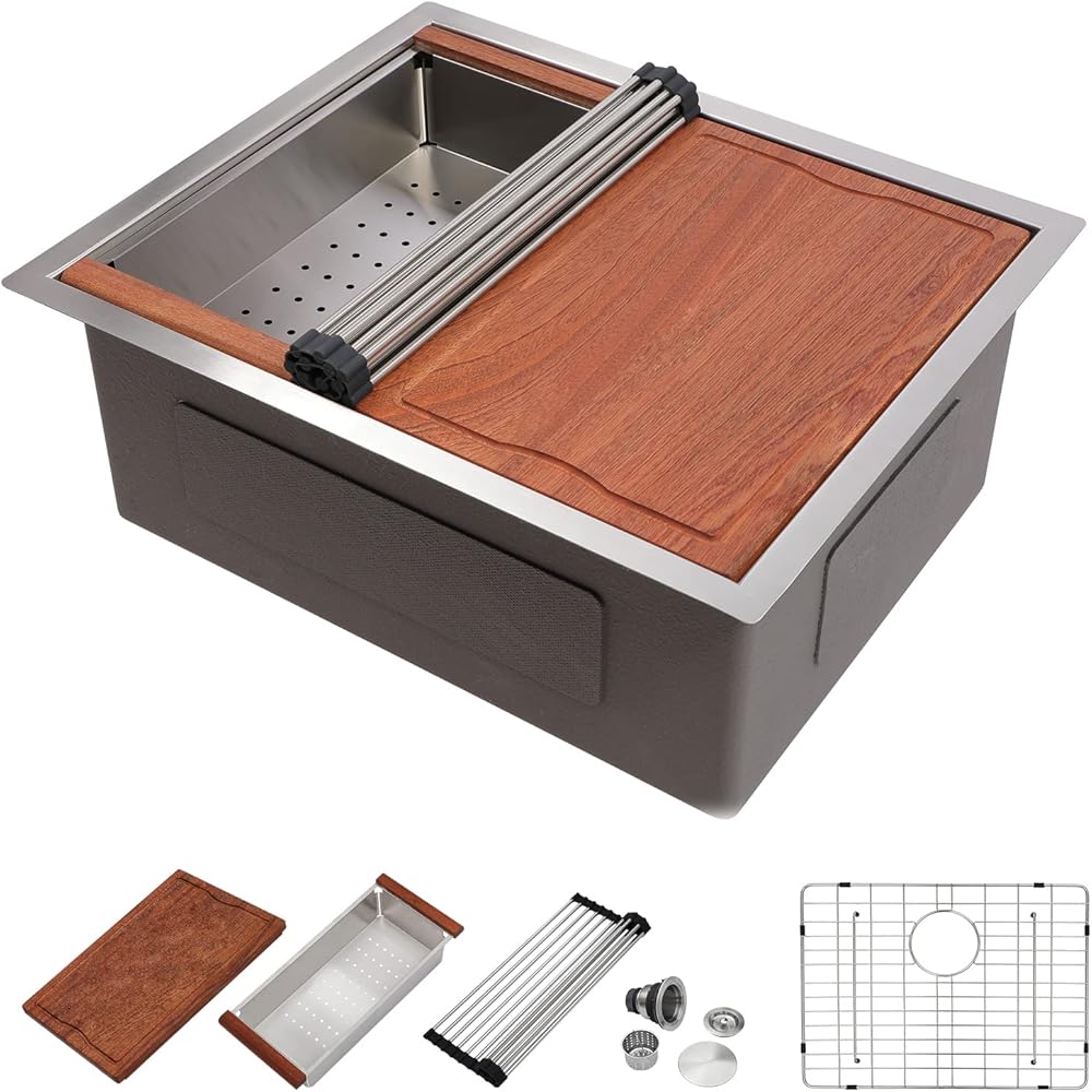 Dcolora 23 Undermount Bar Sink Workstation 16 Gauge Stainless Steel Prep Kitchen Sink with Ledge Deep Single Bowl Utility Sink, Round Corner, 23