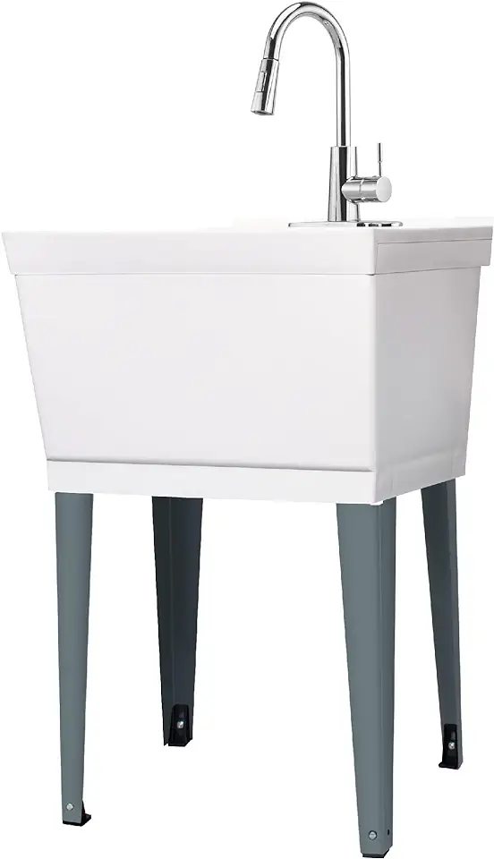 White Utility Sink Laundry Tub with High Arc Chrome Faucet for Laundry Room Basement, Garage, Shop