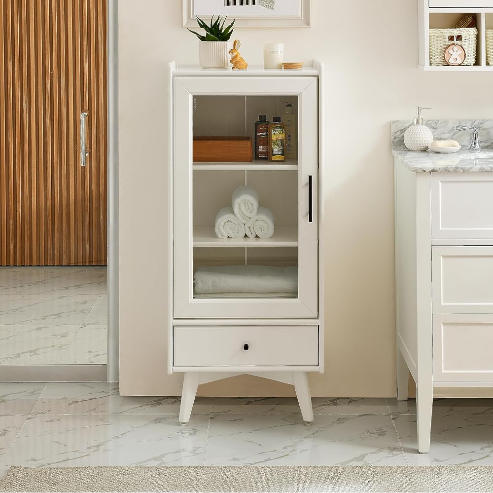 Modern Bathroom Storage Cabinet & Floor Standing cabinet with Glass Door with Double Adjustable Shelves and One Drawer, Extra Storage Space on Top, White(19.75