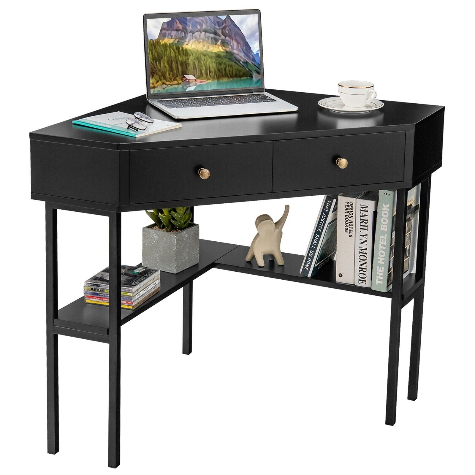 Corner Computer Desk Writing Workstation Study w/ 2 Drawers