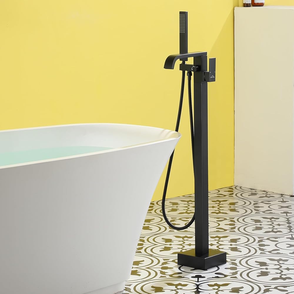 Freestanding Bathtub Faucet Floor Mount Tub Filler Faucet with Handheld Single Handle Waterfall Faucet Set with Stainless Steel Water Supply Pipe, Matte Black