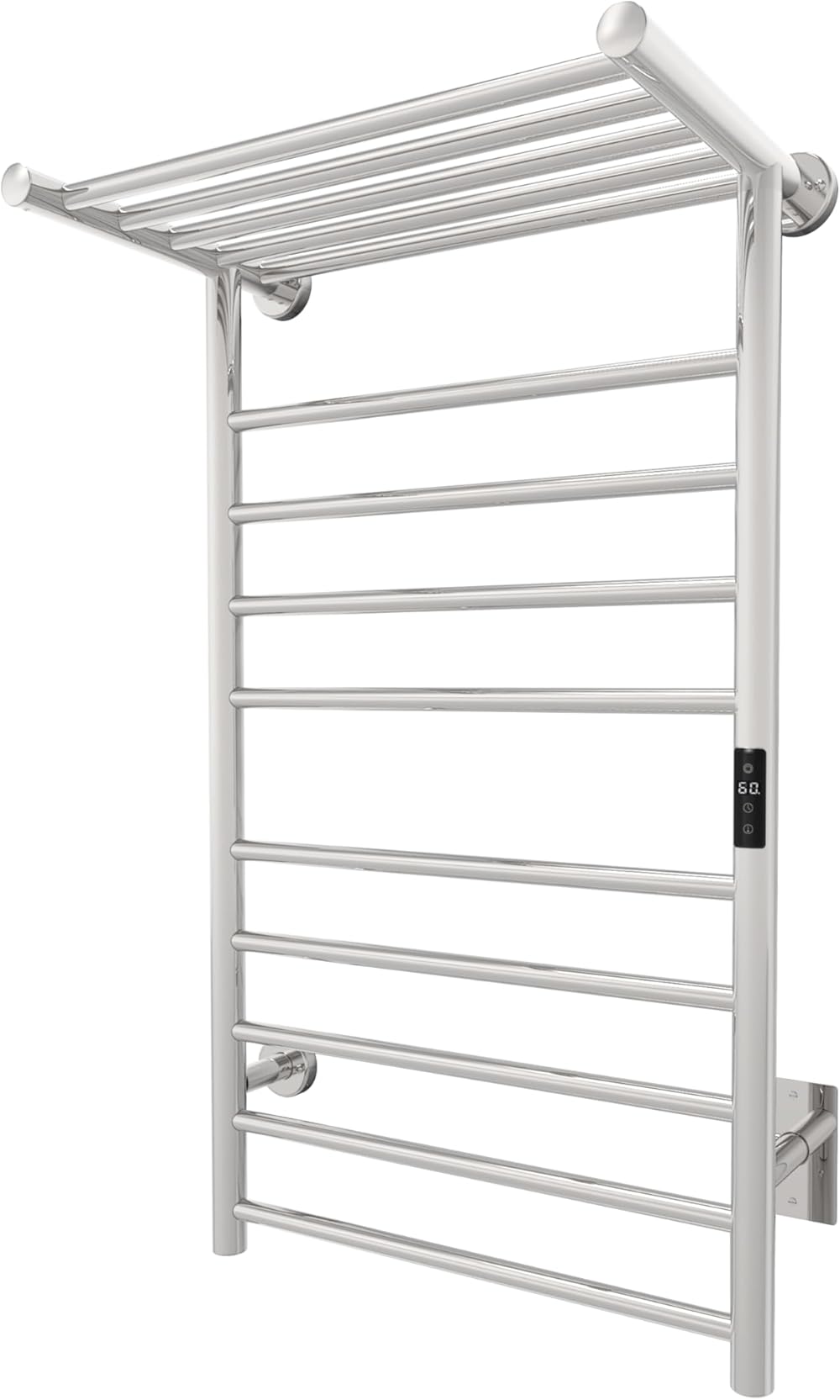 Odass | Towel Warmer | Built-in Timer with Led Indicators | Timer Modes: 1 H to 8 H, ON/Off | Temperature 30 to 60 °C (86 to 140 °F) | Wall Mounted | 10 Round Bars | Chrome Stainless Steel