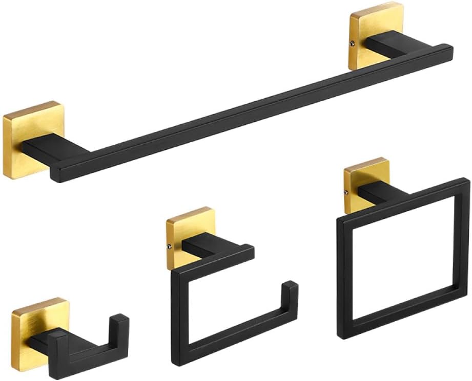 Matte Black Gold Bathroom Accessories Set Wall Towel Holder Roll Paper Holder Towel Ring Robe Hook Stainless Steel Hardware Set,1 Set