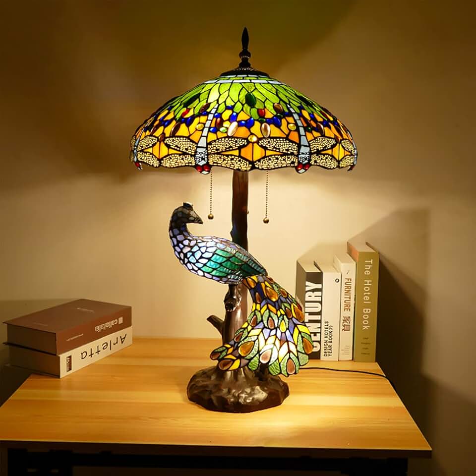 Peacock Tiffany Style Stained Glass Table Lamp, Vintage Handmade Decorative Desk Lamp Pull Cord Switch Reading Lamp for Living Room, Bedroom, Wedding Room, Villa,Greendragonfly