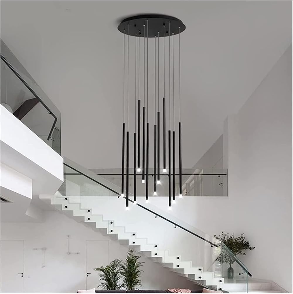 Long Tube Stairs Spiral Elier Modern Duplex Led Light Cluster Suspended Light with Adjustable Height for Kitchen Island Loft Bar Building Foyer Lamp/8 Lights Black/White Light
