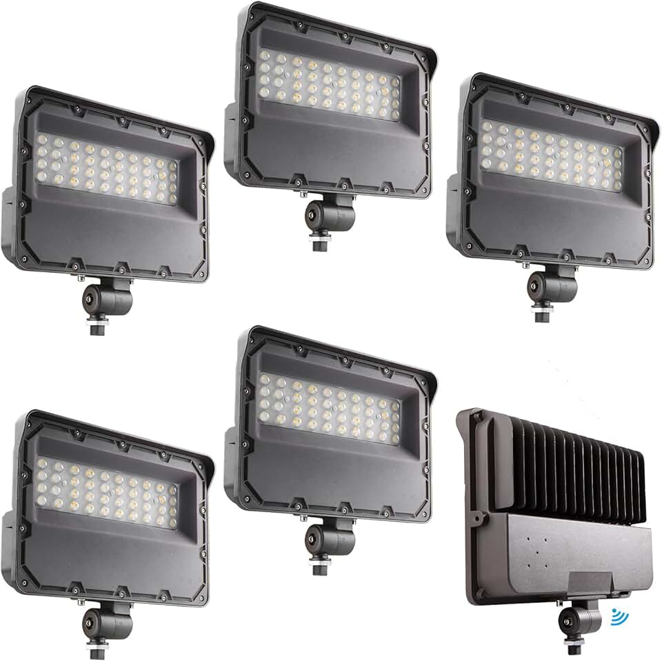 Lightdot 6Pack 150W LED Flood Light Outdoor with Knuckle, 100-277V【Driver Equipped, 5 Years】 IP65 Waterproof 21000LM, 5000K Daylight [Eqv. to 600HPS/WH] Dusk to Dawn Photocell Sensor-Brown