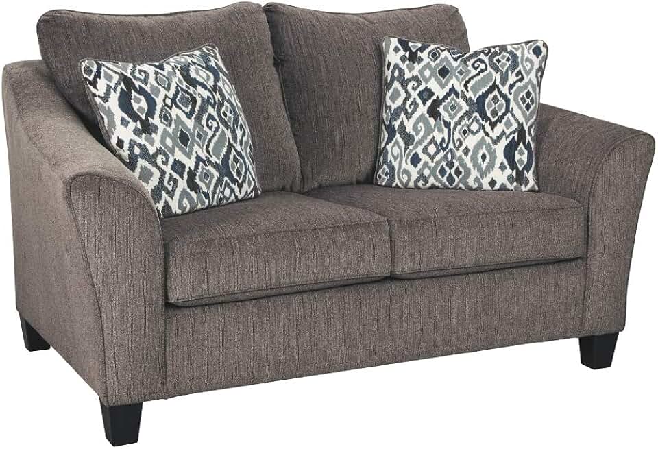 Signature Design by Ashley Nemoli Contemporary Chenille Loveseat with 2 Accent Pillows, Gray