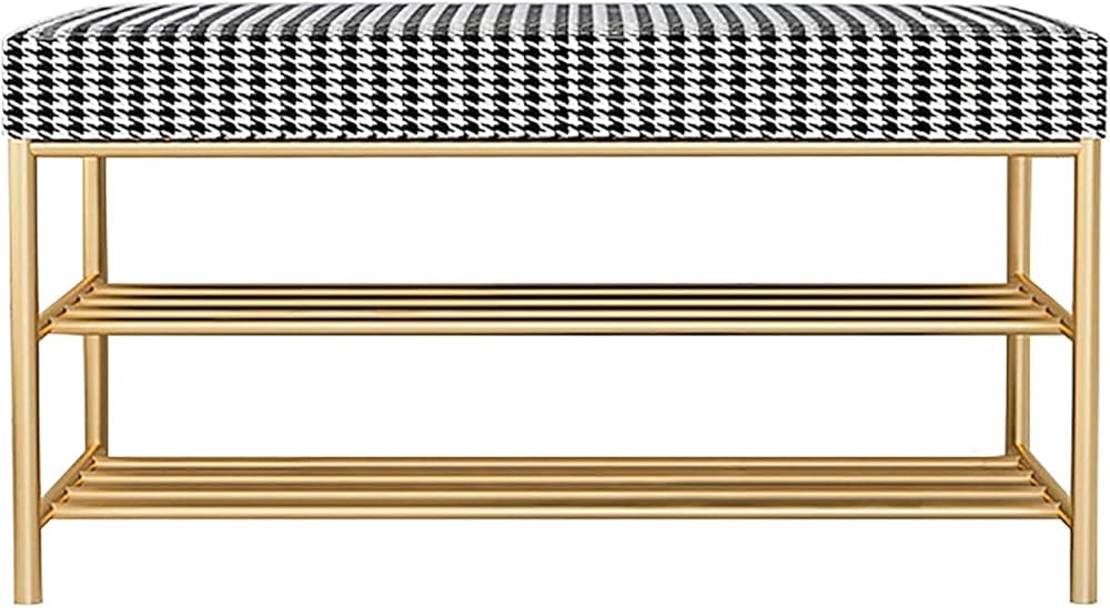Shoe Storage Bench Entryway Hallway Furniture, Shoe Rack Bench 2 Tier Storage Shelf Shoe Organizer with Anti-Slip Foot Pad Padded Bench for Entryway Bathroom Living Room(Houndstooth-b,80*32*45cm)