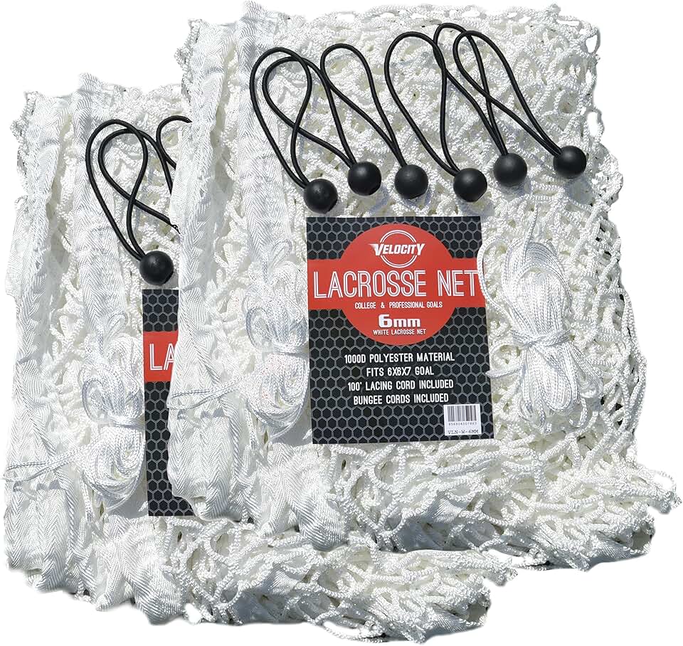 Velocity Heavy Duty Black & White Lacrosse Net - Fits 6’x6’x7’ Goals - Weatherproof, UV Resistant 1000D High-Strength Polyester - Comes with 100+ Feet of Lacing Cord and 4 Quick Ties