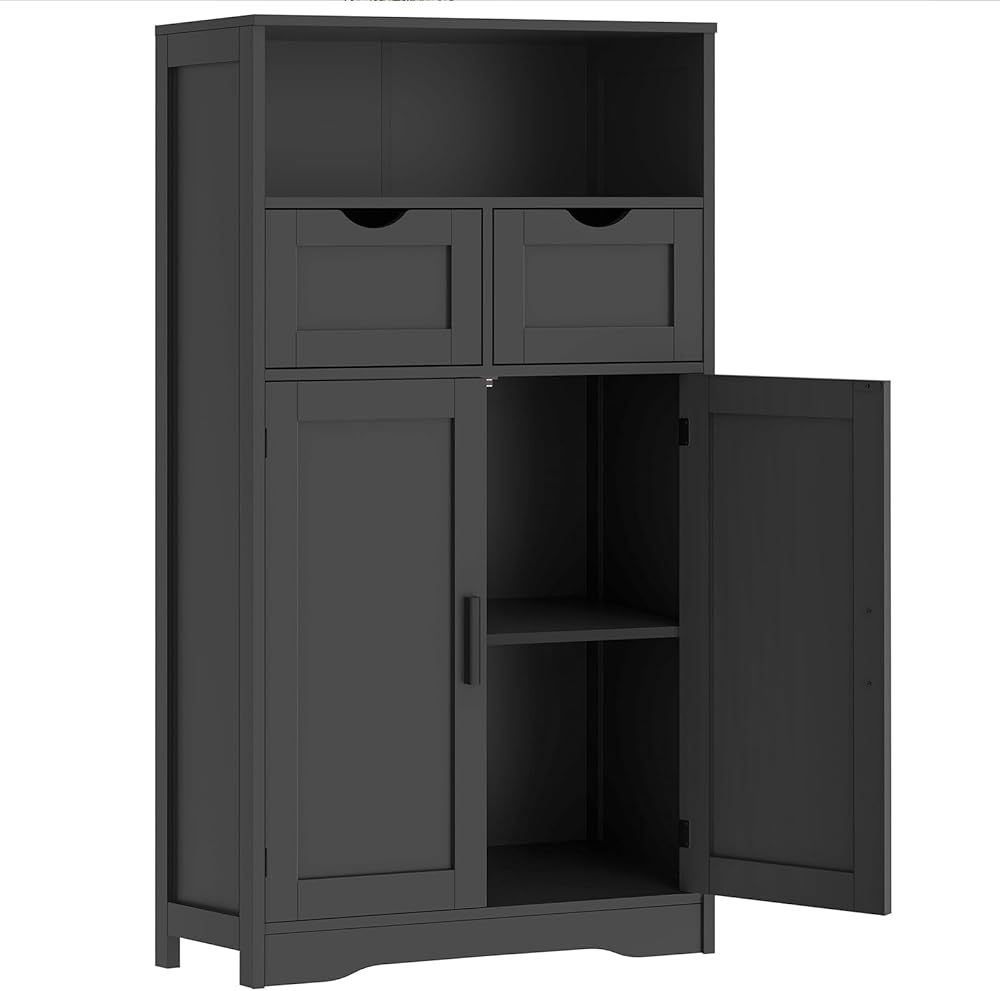 IWELL Storage Cabinet, Bathroom Floor Cabinet with 2 Drawers & 2 Shelves, Freestanding Accent Cabinet for Living Room, Bedroom, Office, Black, 23.6