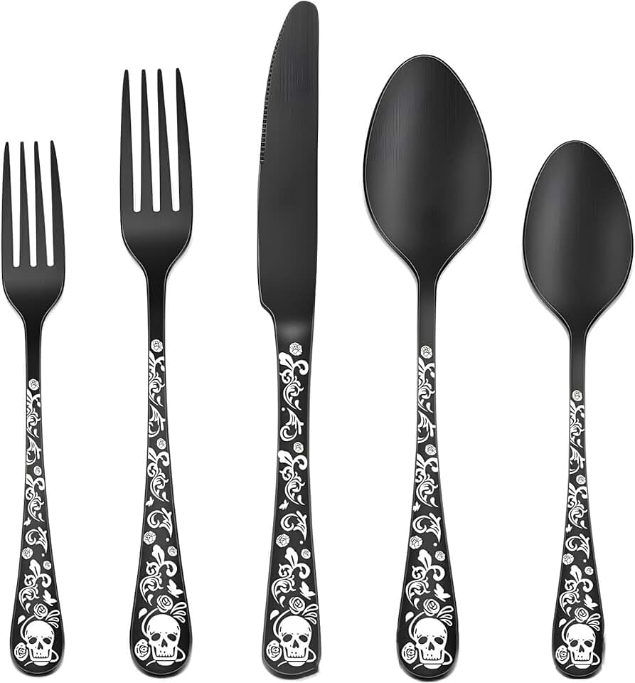 Black Silverware Set for 8 with Skull Pattern Handle 40-Piece Stainless Steel Tableware Cutlery Set Knives Forks Spoons Sets Flatware Dinnerware set for Home Kitchen Party Hotel Matte Unique