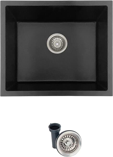 STYLISH 22 x 17.5 inch Granite Composite Kitchen Sink, Single Bowl Drop-in & Undermount Kitchen Sink with Regular Strainer, Black Sink S-822N