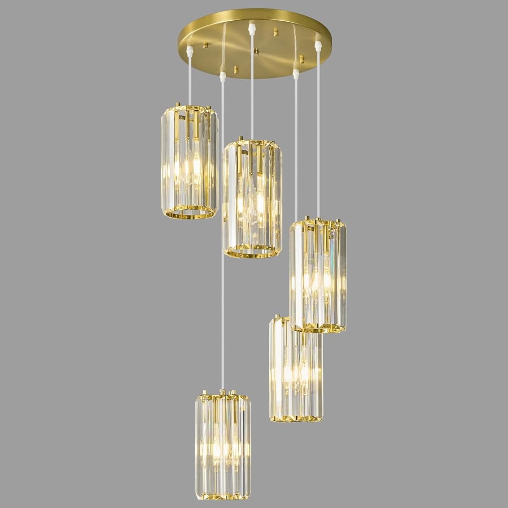 Gold Pendant Lighting Modern Pendant Light, Mini Crystal Chandeliers,Adjustable Pendant Light Fixture for Kitchen Island Dinning Room Corridor Bedroom(Gold 5-light)