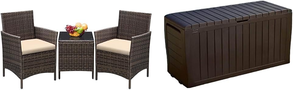 Greesum 3 Pieces Patio Furniture PE Rattan Wicker Chair Conversation Set, Brown and Beige & Keter Marvel Plus 71 Gallon Resin Deck Box-Organization and Storage