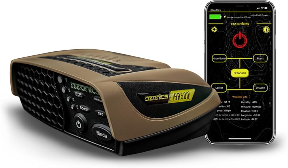 Ozonics HR500 Ozone Generator with New Hyperboost Mode | Hunting Scent Eliminator with 4 Modes of Operation, Odor Eliminator with Bluetooth Connectivity - XL Battery and Smart Arm Mount Included