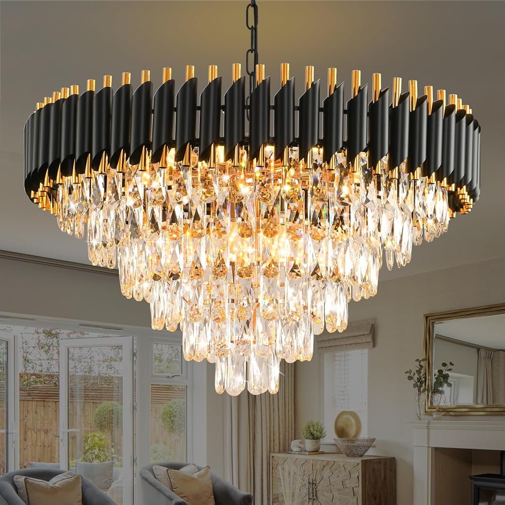 Modern Crystal Chandeliers for Dining Room 15-Light Black and Gold Chandelier Living Room Round 6 Tiers Contemporary Ceiling Hanging Light Pendant Light Fixture for Entryway Foyer Staircase W29”