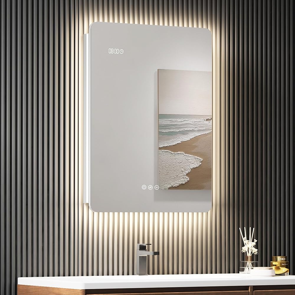 Medicine Cabinet with Lights, 20×28 Inch Lighted Medicine Cabinets with Mirror, Wall Mounted Bathroom Cabinets, Medicine Cabinet with Defogger, Dimmer, Digital Clock & Temp