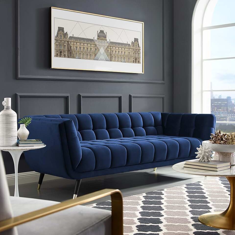 Modway Adept Contemporary Mid-Century Modern Performance Velvet Upholstered Tufted Sofa in Midnight Blue