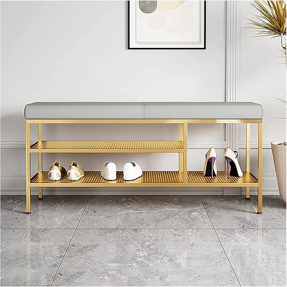 Shoe Storage Bench Entryway Hallway Furniture, Metal Frame Shoes Bench Light Luxury Shoe Stool with 2-Tier Shelf Home Entrance Shoe Shelf with Soft Cushion for Entryway, Hallway(Gold,80*32*47 cm)