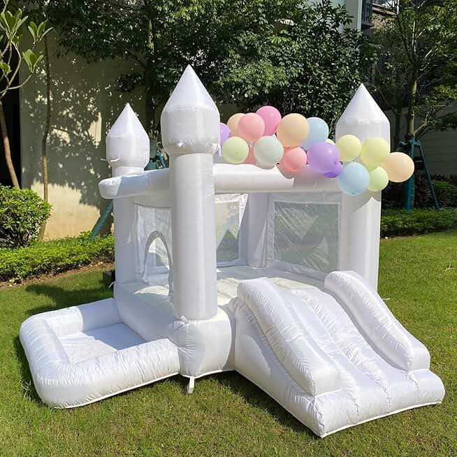 White Wedding Inflatable Bounce House with Blower Jump House with Slide for Kids Party Wedding Family Castle 9ftL×9ftW×7ftH