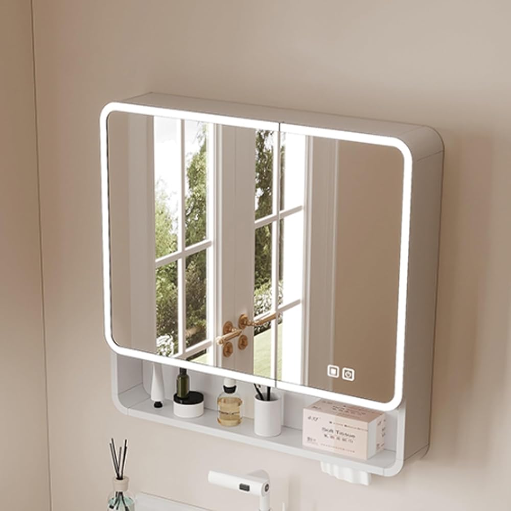 Aluminum Arc bathroom led mirror with storage,bathroom medicine cabinet with led lights,mirror cabinet with storage anti fog,led mirror medicine cabinet Three-color lighting,Paper hole,Beauty mirror(W