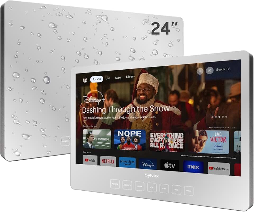 SYLVOX Bathroom TV, 24 inch Smart Mirror TV for Bathroom Shower SPA, Newest Google System, 1080P IP66 Waterproof Touch Button WiFi Bluetooth Google Assistant, Smart TV for Indoor Humid Environment