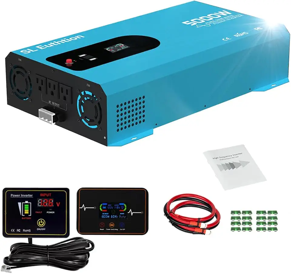 5000W/10000W(Peak) Pure Sine Wave Car Power Inverter 12V DC to 110V AC LCD Display, USB Port, Two Remote Control