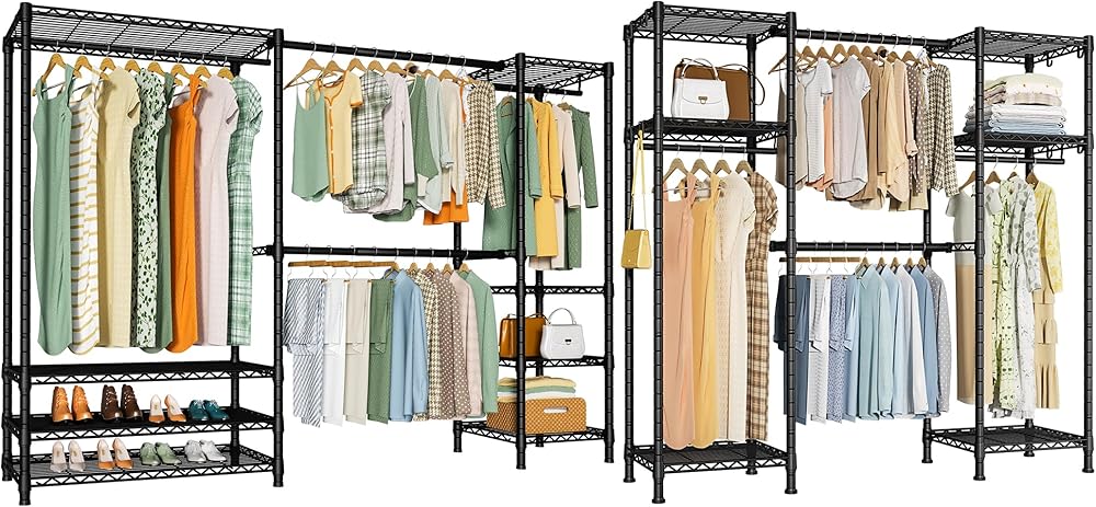 Ulif E11 and E7 Garment Rack Bundle, Metal Freestanding Clothes Rack and Closet Storage Organizer System with Shelves and Expandable Hanger Rods, Closet System Wardrobe for Hanging Clothing