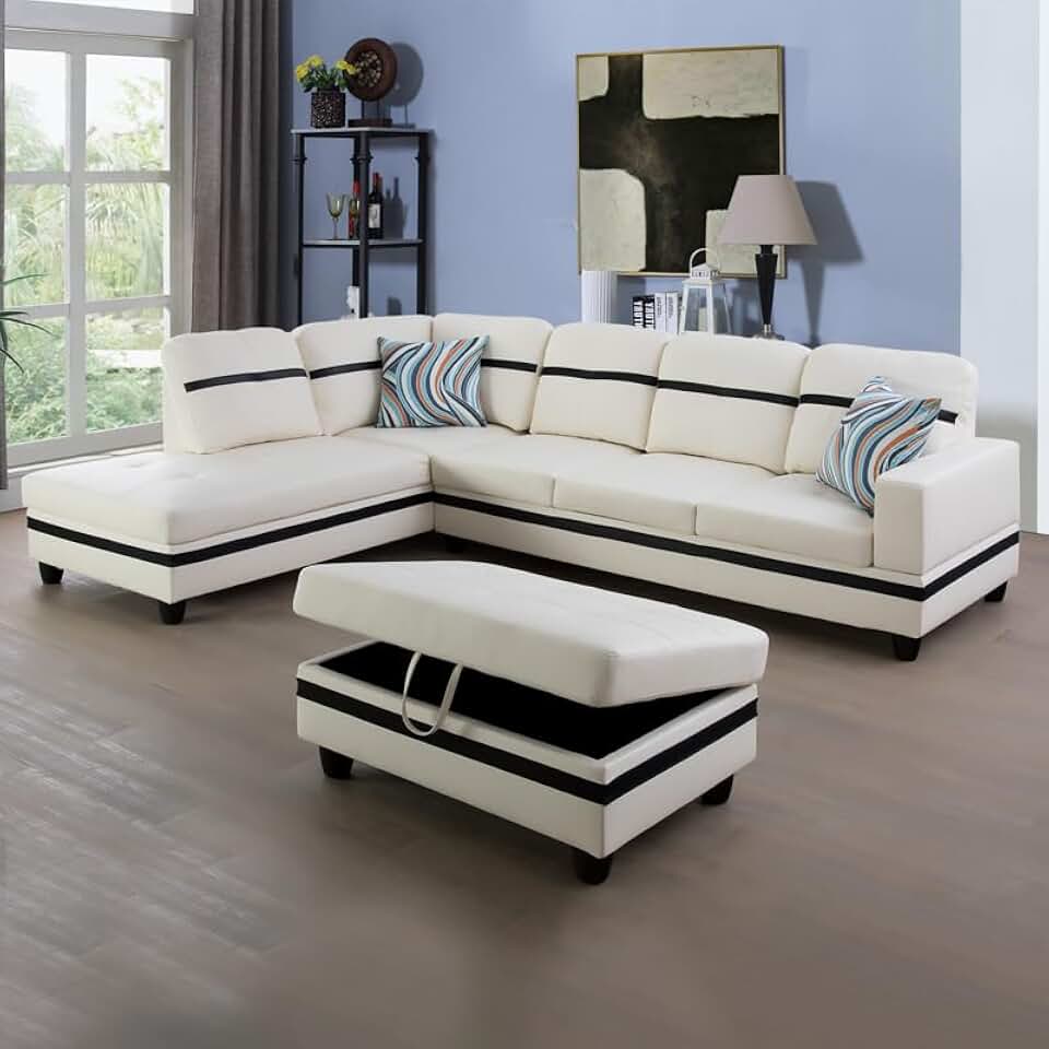 EMKK 103'' 3-Piece Sectional Sofa L-Shaped Couch Soft Seat with Space-Saving Ottoman PU Synthetic Leather Sofa&Couch for Living Room, Apartment and Office, White and Black