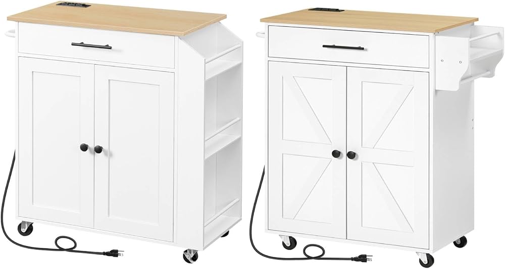 HOOBRO Kitchen Island and Kitchen Storage Island with Power Outlet, Rolling Kitchen Cart on Wheels, for Home, Kitchen and Dining Room, White and Natural WN82UZD01G1-WN88UZD01