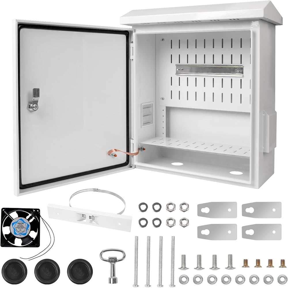Outdoor Electrical Box with Cooling Fan 20'' x 16'' x 8'' Ventilation Design Electrical Enclosure Box IP65 Waterproof Electrical Cabinet Street Light Box with Wall Hanging and Pole Mounting Parts