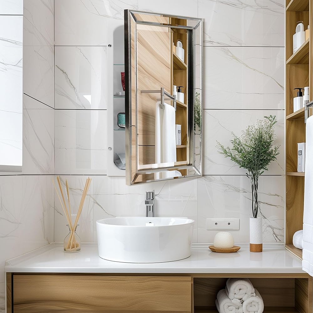 Head West Champagne Silver Metro Beaded Recessed Medicine Cabinet with Beveled Mirror, Bathroom Wall Mount Storage Organizer with Glass Shelves - 16