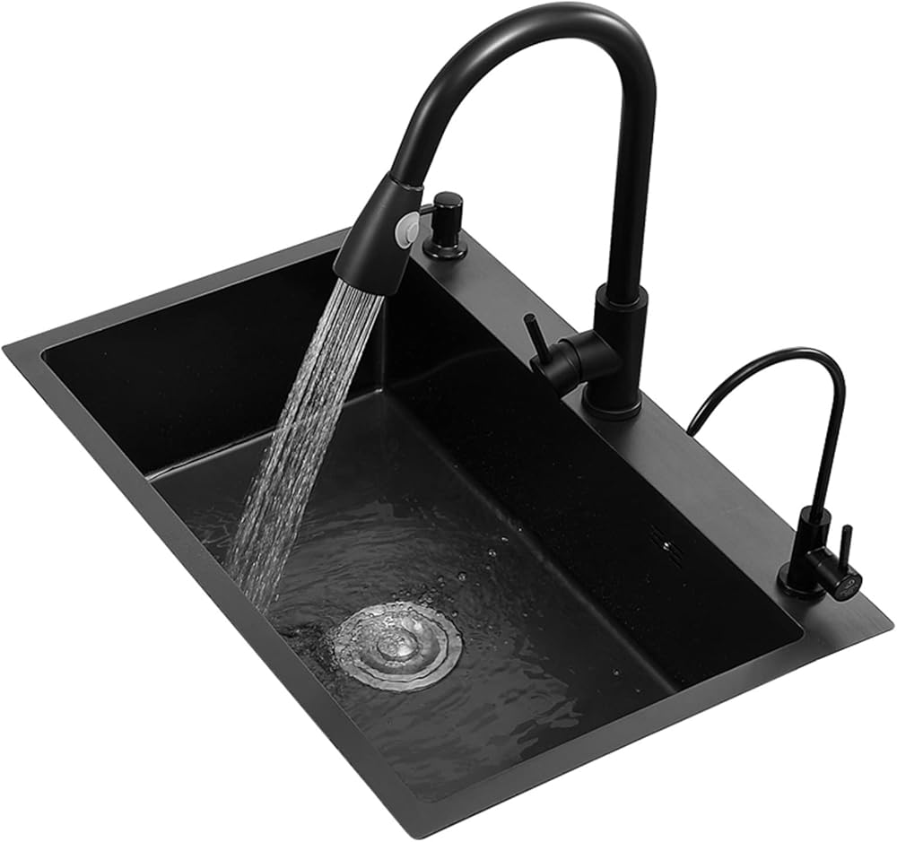 Kitchen Sink Stainless Steel 3 Hole Drop-in or Undermount Installation Single Bowl Workstation with Pull-Out Faucet (Color : Black, Size : 72 * 45cm)