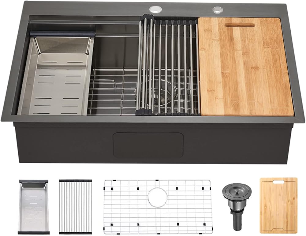 SHACO 33x22 Black Drop In Kitchen Sink, 33 Inch Gunmetal Black Stainless Steel Top Mount Kitchen Sink, Single Bowl Overmount Double Ledges Workstation Sink with Accessories