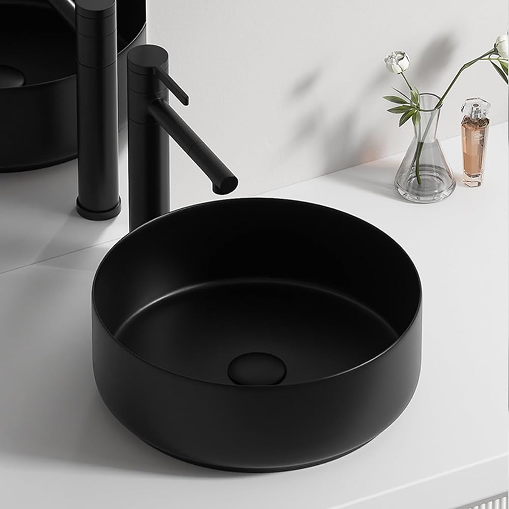 Bathroom Sink ，Basin White Porcelain Ceramic Lavatory ， Basin Vanity White Ceramic Above Counter Countertop Sink ，Suitable for hotels, toilets, wash basins, bathrooms(Black,360X360/14.2 * 14.2in)