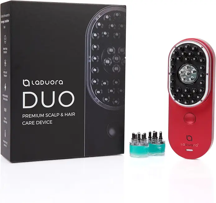 Duo 4-in-1 Scalp & Hair Care Device and Boost Pod Set of 2 | Warming Scalp Massage Brush for Smoother, Thicker, Healthier-Looking Hair (Red)