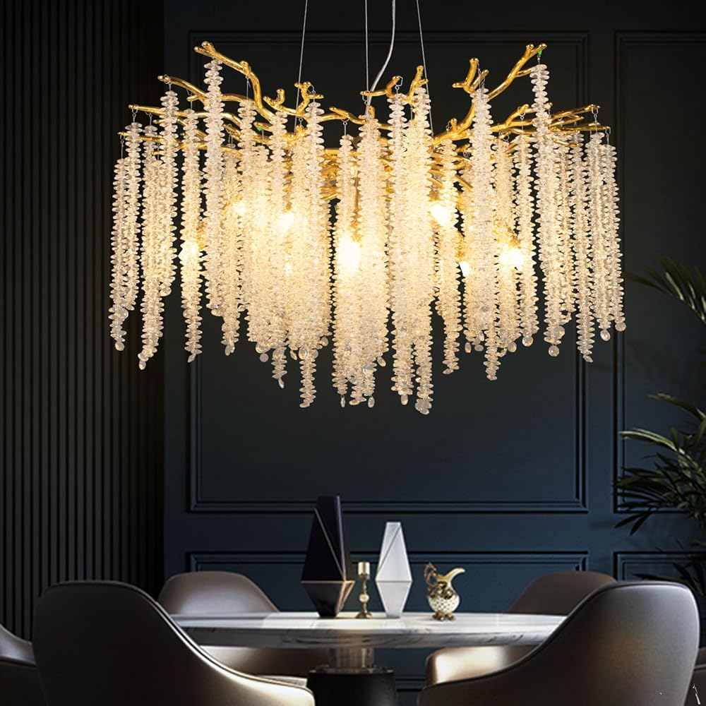 RUIBO Gold Chandelier Crystal Tree Branch Light Tassel,Luxury Crystal Pendant Light for Dining Room,Living Room Hanging Lights Fixtures for Kitchen Island D30