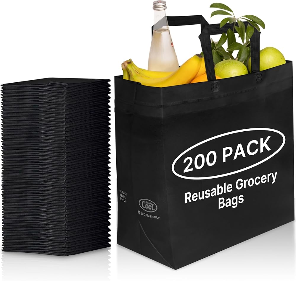 Simply Cool 200 Pack Black Reusable Eco-Friendly Large Grocery Shopping Bags 15”x14”x6.6” Durable Environmentally Friendly Recyclable Shopping Bags Washable Foldable Portable Tote Bags Bulk