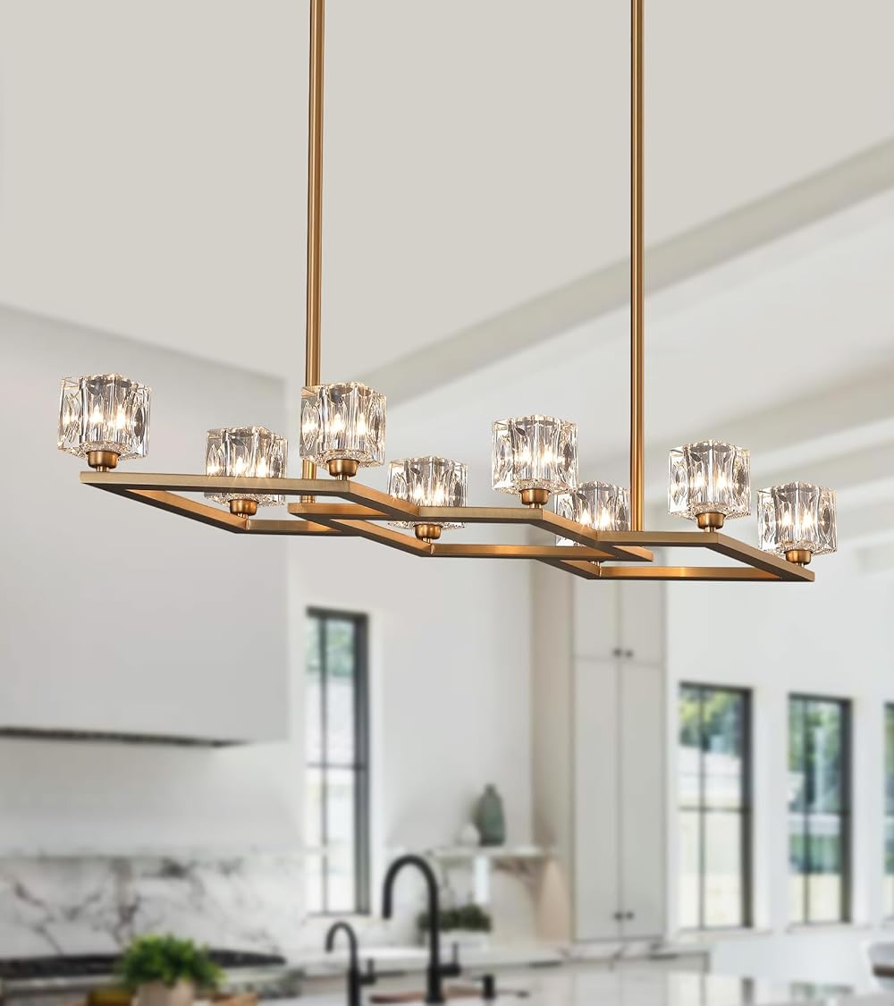 Modern Crystal Chandelier Gold Light Fixture, Farmhouse Geometric Aged Brass 8 Lights Chandeliers for Dining Room Kitchen Island Living Room Bedroom Bar