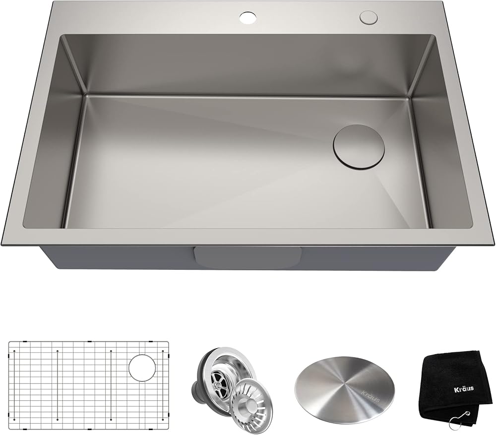 KRAUS 33 x 22 inch Drop-In Top Mount Standart PRO Single Bowl 2-Hole Stainless Steel Kitchen Sink Set (5 Item Bundle: Sink, Bottom Grid, Drain Assembly, Drain Cap, Kitchen Towel), KHT410-33