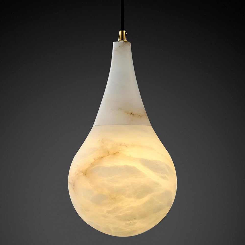 Alabaster Pendant Lights Kitchen Island, Marble Brass Modern Light Fixture for Bedroom Bathroom Living Room Raindrop D-6in (Dimmable Bulb INCL)