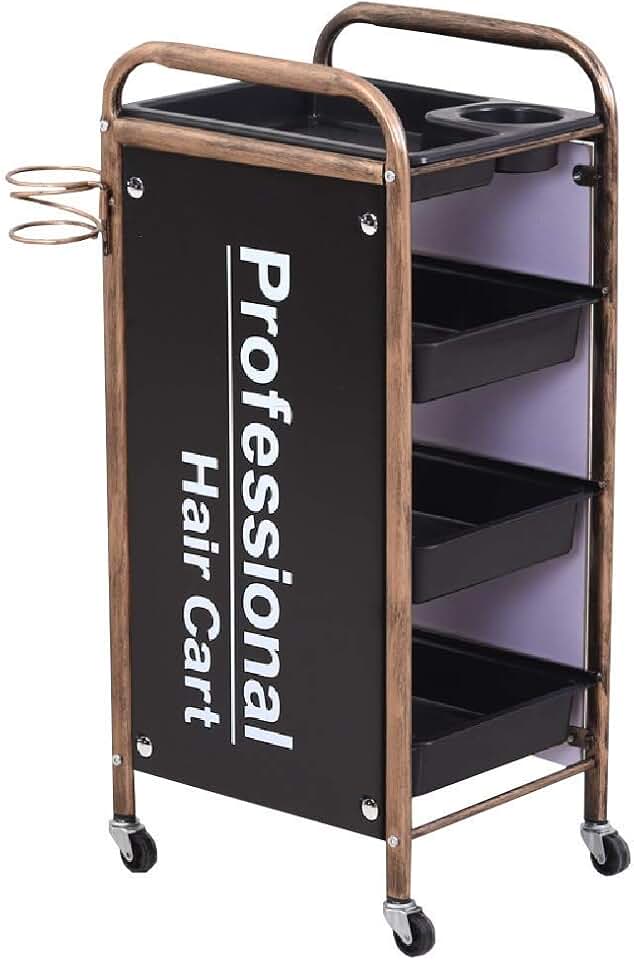 Trolley,Recycling Vehicles,Salon Cart, Beauty Storage Organizer Trolley with 4 Plastic Drawers, Rolling Wheels for Stylist Hairdresser, Hair Dryer Holder,Orange